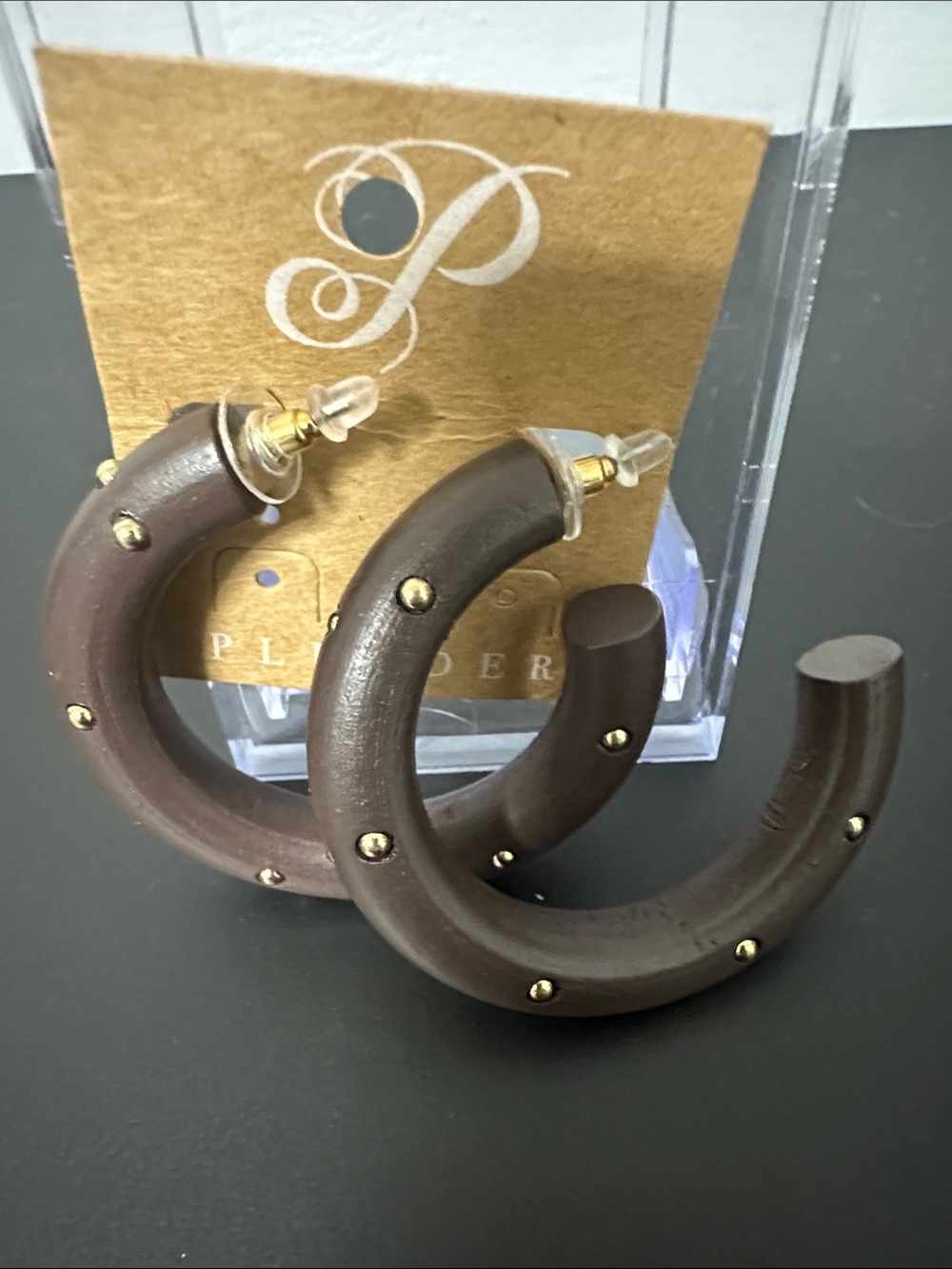 Plunder Brown w Gold Large Hoop Earrings. NWT